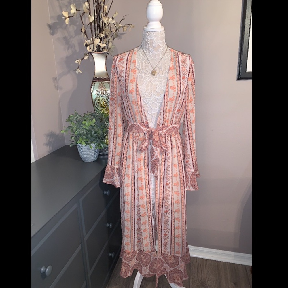 Bell Sleeve Striped Floral Duster